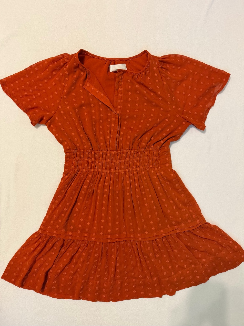 Anthropologie Orange Swiss Dot Smocked Tiered Mini Dress Size M